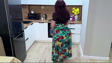 A passionate stepmom with meaty tits and an elastic ass beckons her stepson in the kitchen. Sucking dick in bed, hot fuck from behind in pussy and tight ass